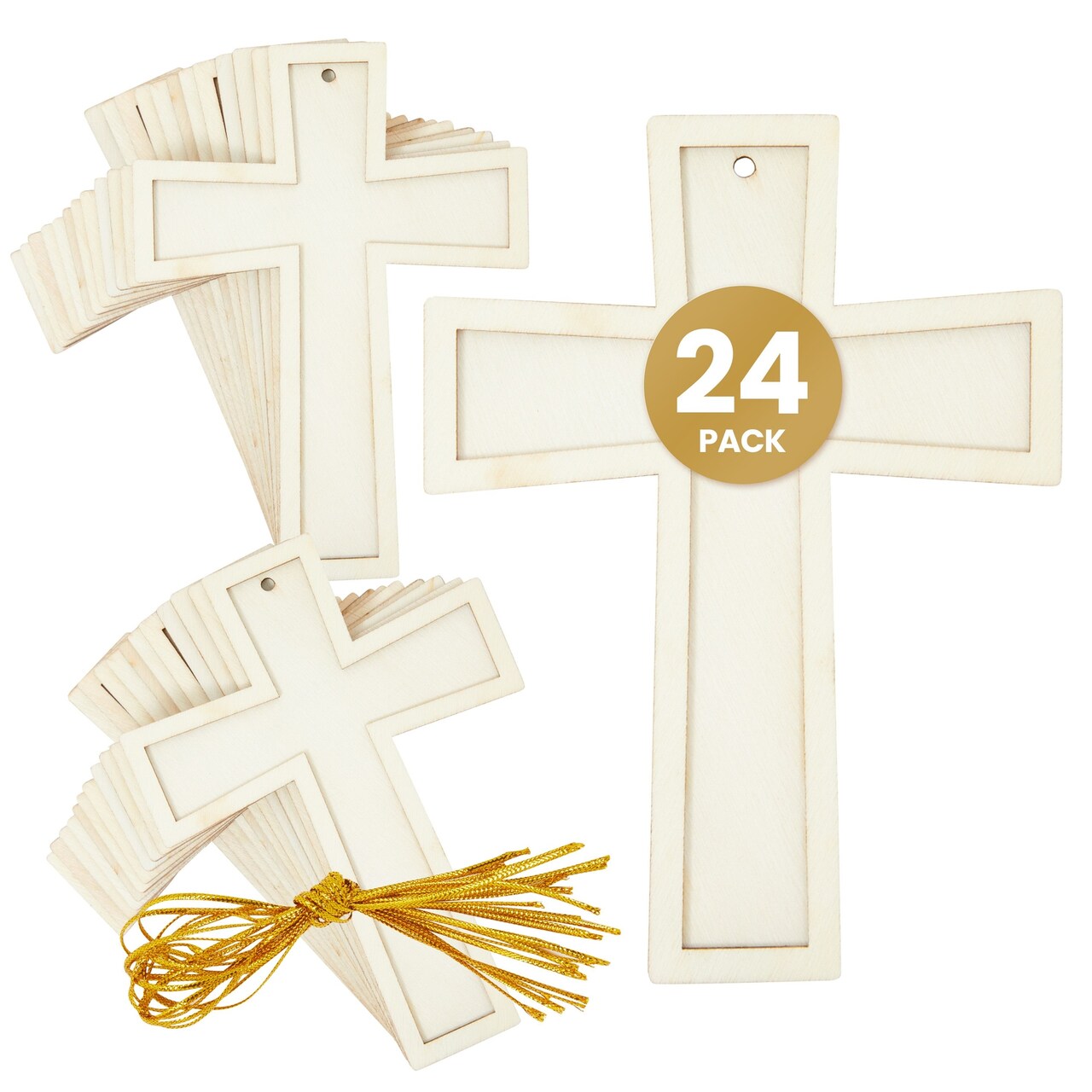 24 Unfinished Small Wooden Crosses with Gold String for DIY Crafts, Wood Cross Ornaments for Easter Tree (3.8 x 5 In)